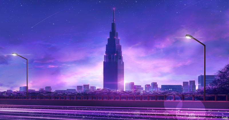 美国帝国大厦 CG插画 4k壁纸 紫色星空_易点图网